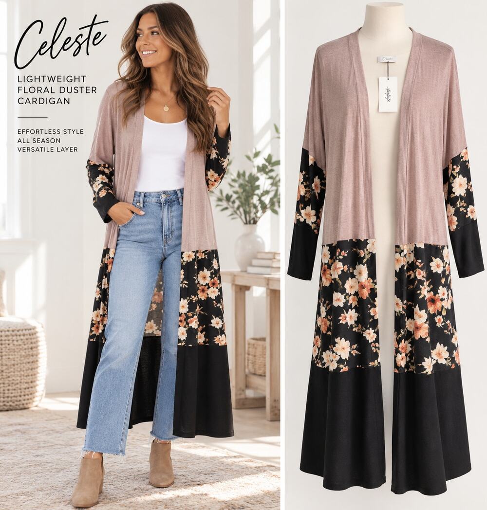 Celeste Womens Floral Colorblock Maxi Duster Cardigan Open Front S/M NWT